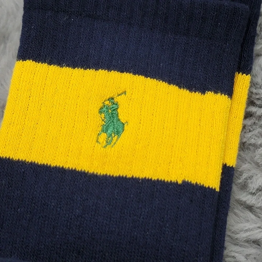 Polo Ralph Lauren Socks Mens 10-13 Blue Yellow Rugby Stripe Crew 2 Pairs